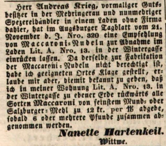13_Augsburger Tagblatt_1839_12_05_Nr334_p1518_Zunftwesen_Spezereiwarenhandlung_Makkaroni