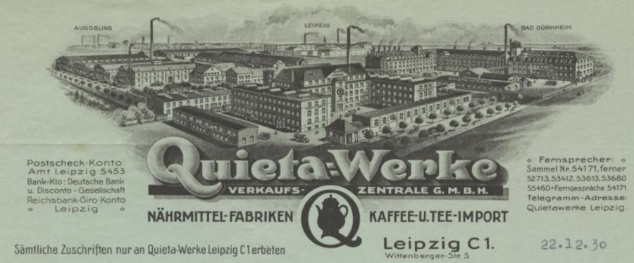 45_Saechsisches Wirtschaftsarchiv_BK 1786_Quieta_Leipzig_Produktionsstaetten_Augsburg_Bad-Duerkheim_Ersatzkaffee