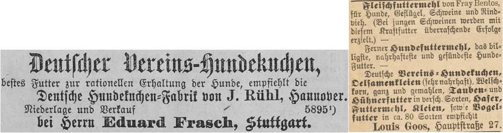 18_Neues Tagblatt_1883_06_24_Nr144_p5_Heidelberger Anzeiger_1883_09_29_Nr228_p2_Hundekuchen_J-Kuehl_Deutscher-Vereins-Hundekuchen