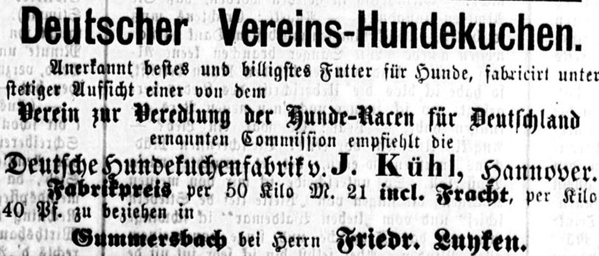 25_Gummersbacher Zeitung_1880_09_14_Nr108_p4_Hundekuchen_Deutscher-Vereins-Hundekuchen_J-Kuehl_Hannover