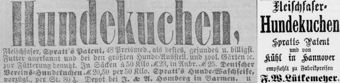 32_Koelnische Zeitung_1884_11_30_Nr333_p8_Bielefelder Zeitung_1886_09_02_Nr204_p4_Hundekuchen_Spratt_J-Kuehl