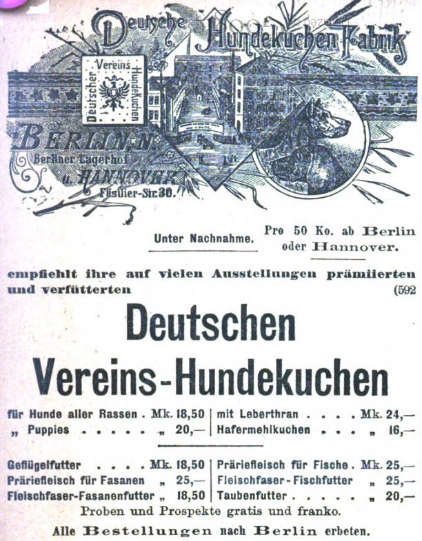 38_Deutsche Jaeger-Zeitung_22_1893-94_Nr01_Anzeigen_pVI_Hundekuchen_Deutscher-Vereins-Hundekuchen_Hannover_Produktionsstaetten_Berlin