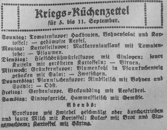 38_Stuttgarter Neues Tagblatt_1915_09_04_Nr448_p02_WKI_Heimatfront_Kuechenzettel_Spaetzle_Speisen