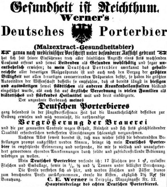 13_Leipziger Zeitung_1867_10_24_Nr253_p6031_Medizinalbier_Kraeftigungsmittel_Deutscher-Porter_Werner_Leipzig_Malzextrakt