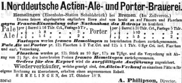 21_Aschaffenburger Zeitung_1869_11_14_Nr281_p3_Bier_Hemelingen_Pale-Ale_Porter_Versandgeschaeft_Flaschenbier